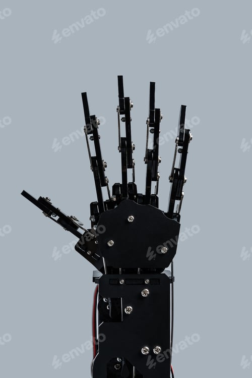 Preview: Real robot's hand isolated on grey background.