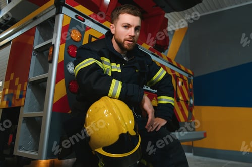 Preview: Photo of fireman with gas mask and helmet near fire engine