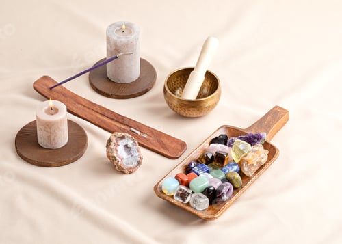 Preview: Healing chakra crystals therapy. Alternative rituals, gemstones for wellbeing, meditation, destress