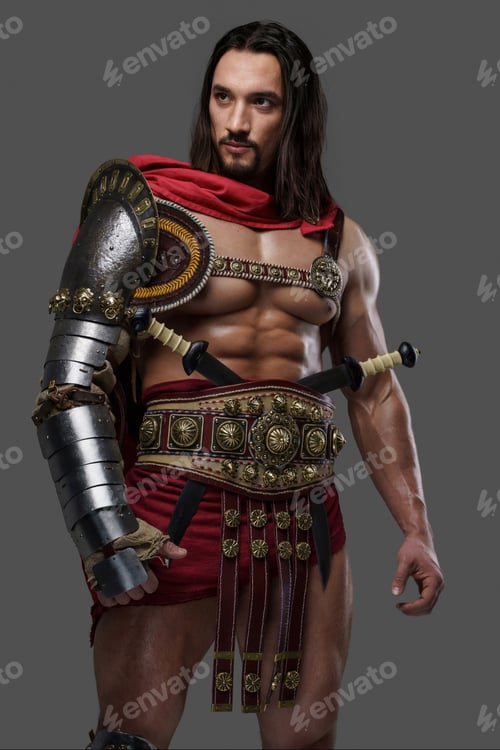 Preview: Gladiator with a stylish beard and luscious locks wears lightweight armor