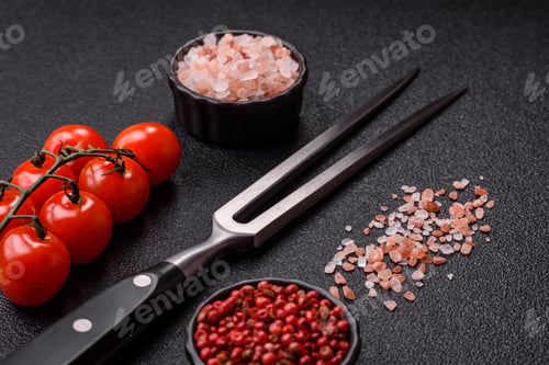 Preview: Empty meat or steak fork with vegetables, spices and other ingredients. Meat fork