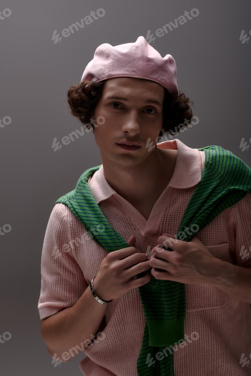 Preview: Stylish young man showcases trendy outfit in modern grey studio