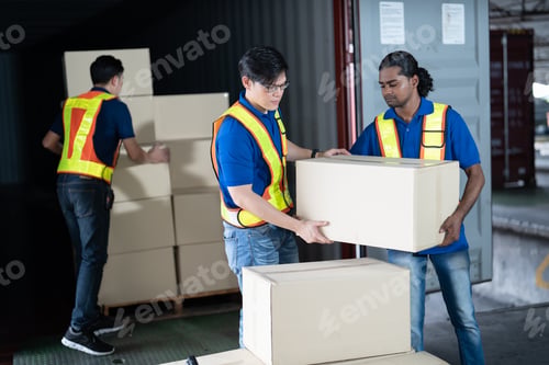 Preview: Workers open steel 40 feet container doors carry box supervisor standing check paper checklist