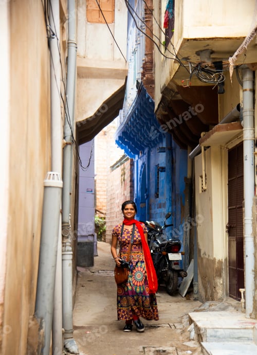 Preview: Indian woman traveler explore in heart of Jodhpur as know as Blue City, Jodhpur, Rajasthan , India.