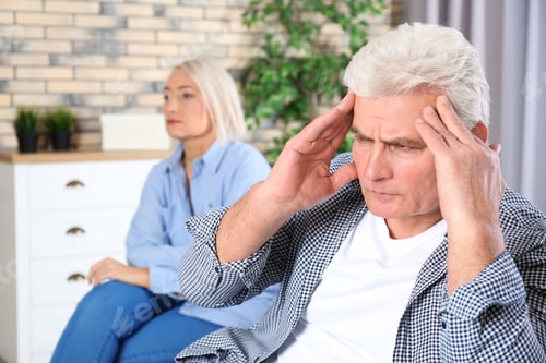 Preview: Mature couple with relationship problems ignoring each other after conflict in living room