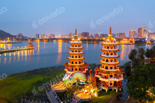 Preview: Aerial view architecture dragon and tiger pagodas, Lotus Pond, Kaohsiung, Taiwan, Kaohsiung, Taiwan