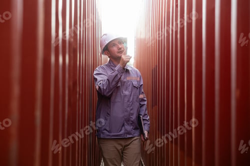 Preview: Worker inspecting narrow aisle between containers