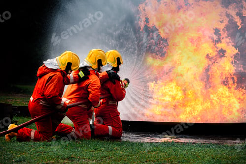 Preview: Firefighters safety using twirl water fog type fire extinguisher to fighting with fire from oil and