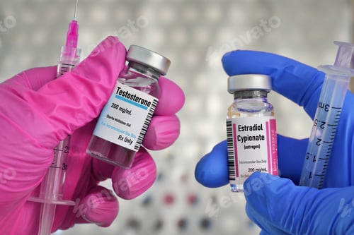 Preview: Transgender hormone therapy injections concept - vials of testosterone male and estrogen aka estradi