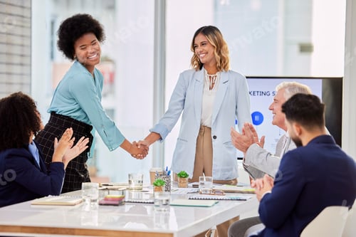 Preview: Business people, applause and handshake in office for thank you, welcome or hiring in office. Team,