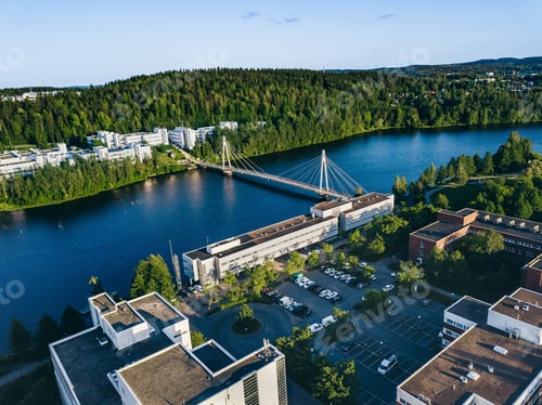 Preview: Aerial view of Campus area with Ylistö bridge over river to in Jyväskylä, Finland.