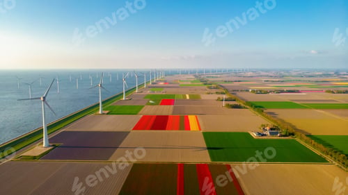 Preview: windmill park with a blue sky on a sunny day in the Netherlands, biggest windmill park in the ocean