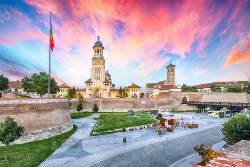 Preview: cityscape of Coronation Orthodox and Roman Catholic cathedrals in fortified Alba Carolina Fortres