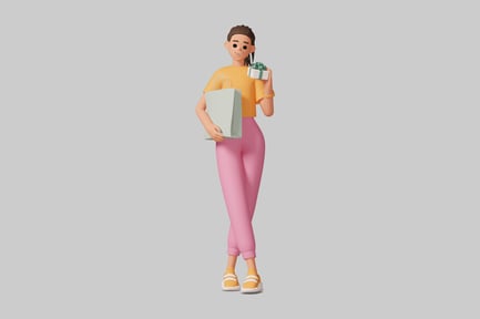 Preview: Woman holding a gift box and a shopping bag.