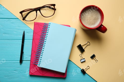 Preview: Flat lay composition with office stationery on wooden and paper background. Space for design