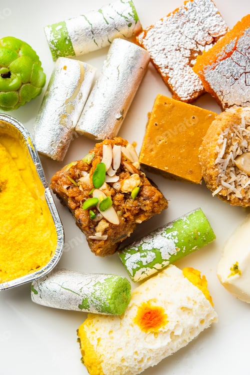 Preview: Indian assorted sweet mithai, barfi in a group