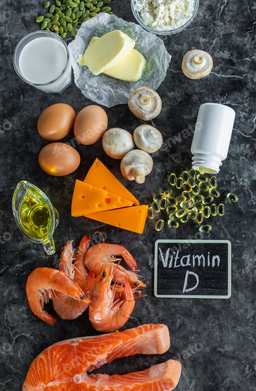 Preview: Products containing vitamin D. Selective focus.