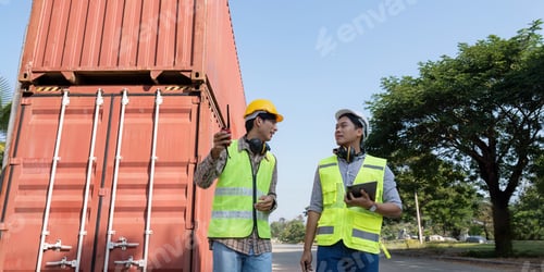 Preview: Engineers discussing logistics and container management near shipping containers