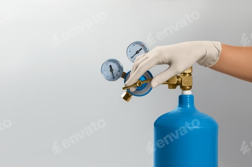 Preview: Medical worker checking oxygen tank on light grey background, closeup. Space for text