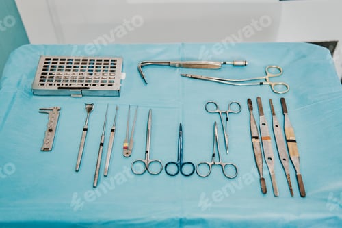 Preview: Top view of sterile surgical instruments for surgery procedure inside operation room
