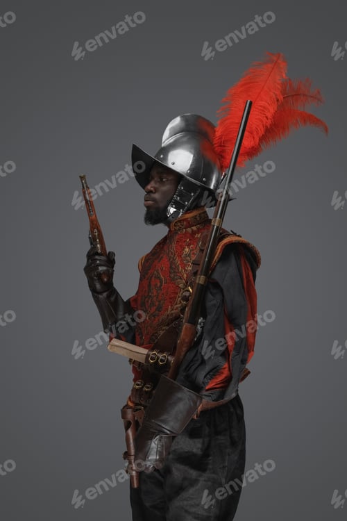 Preview: 18th century soldier with plumed helmet and flintlock guns