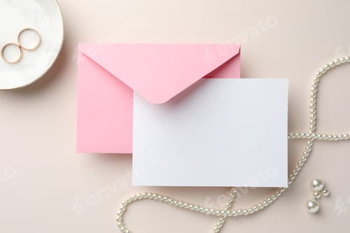 Preview: Wedding invitation card, envelope, golden rings, and other jewelry on beige background, flat lay