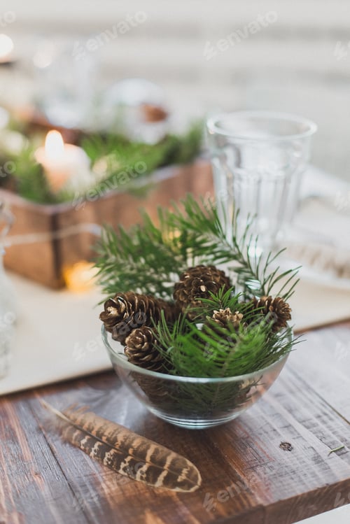 Preview: Beautiful light Christmas dining table. Living room decorated for Christmas. Christmas and New Year
