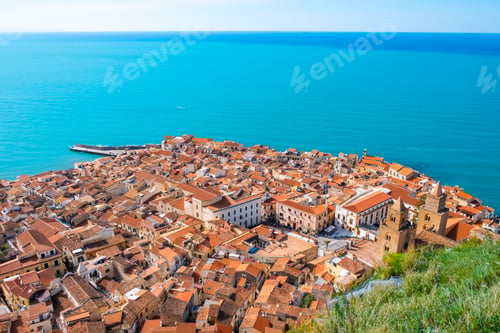 Preview: Aerial view of Cefalu old town on Sicily island, Italy.