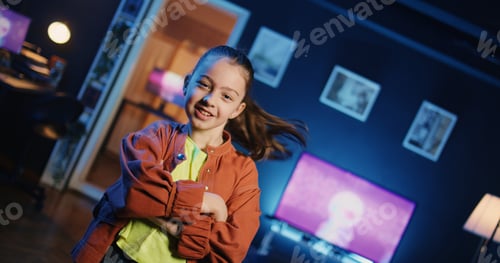 Preview: Dutch angle shot of expressive kid taking part in viral dance trend for internet channel