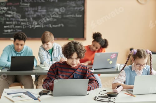 Preview: Group of school children using laptops in class
