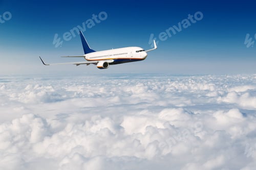 Preview: Commercial airplane flying above clouds on blue sky background.