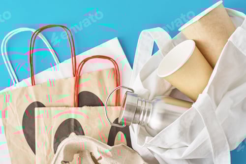 Preview: Reusable Shopping Bags and Coffee Cups on Blue