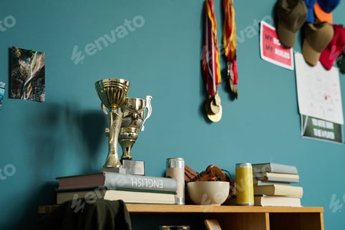 Preview: Stack of Books and Trophies Displaying Academic and Athletic Achievements