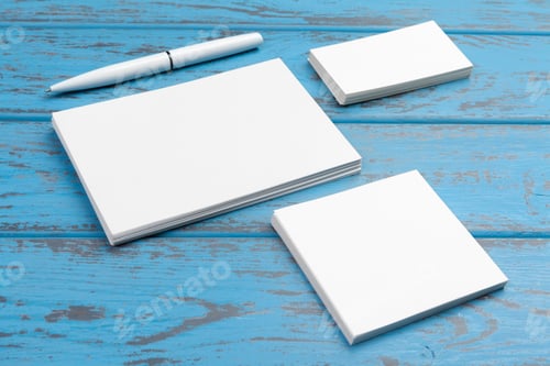 Preview: Branding stationery mockup on blue desk. Top view of paper, business card, pad, pens and coffee.