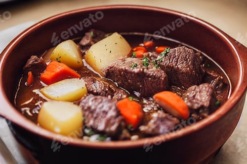 Preview: Close-up food photography of hearty Beef Stew with potato in crock pot and a side of toast