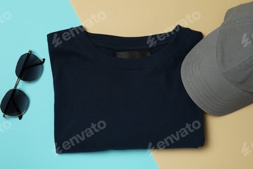 Preview: T-shirt, cap and sunglasses on two tone background