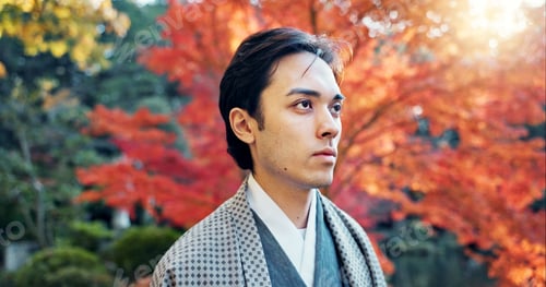 Preview: Man, Asian and walking in garden with sunshine, peace and thinking about life with reflection and t