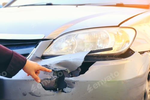 Preview: Hand point to Front side of accident car. Car crash accident damaged automobiles