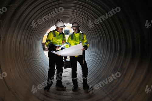Preview: Worker constructing a pipeline for transporting oil, gas, and fuel at an industrial facility.