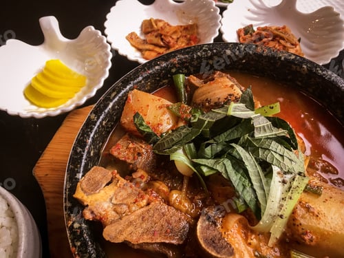 Preview: High angle shot of delicious soup with meat and vegetables in a black pot