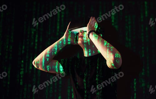 Preview: Double exposure of a caucasian man and Virtual reality headset is presumably a gamer or a hacker