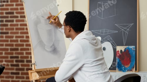 Preview: African american student using pencil to draw vase on canvas