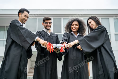 Preview: Group of diverse students celebrating college achievement outside campus.