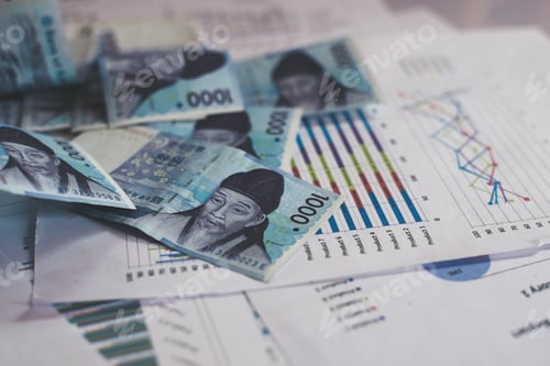 Preview: Financial Charts and Currency on a White Surface