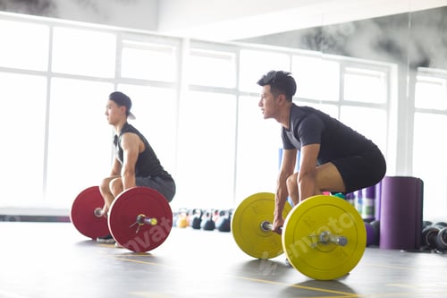 Preview: Young men lifting barbells at gym