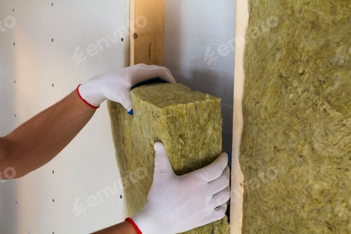 Preview: Close-up of worker hands in white gloves insulating rock wool insulation staff in wooden frame for