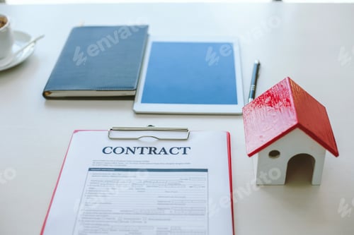Preview: Documents purchase contract real estate placed at the table in the office.