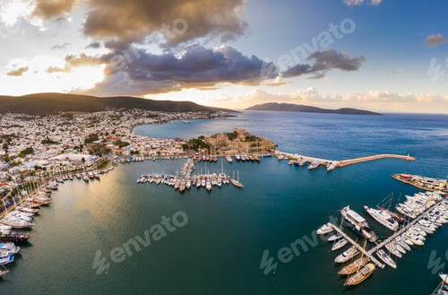 Preview: Aerial view of Bodrum at sunrise, Turkey. View of the Saint Peter Castle