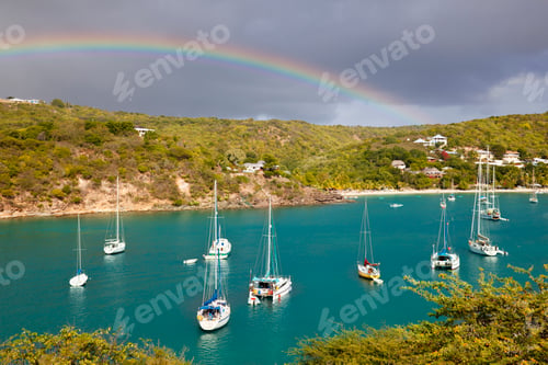 Preview: Caribbean Harbor With Sailboats And Rainbow, Antigua