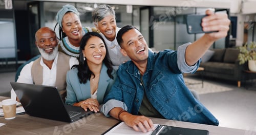 Preview: Business people, phone selfie and smile together in office for employee happiness, team support and